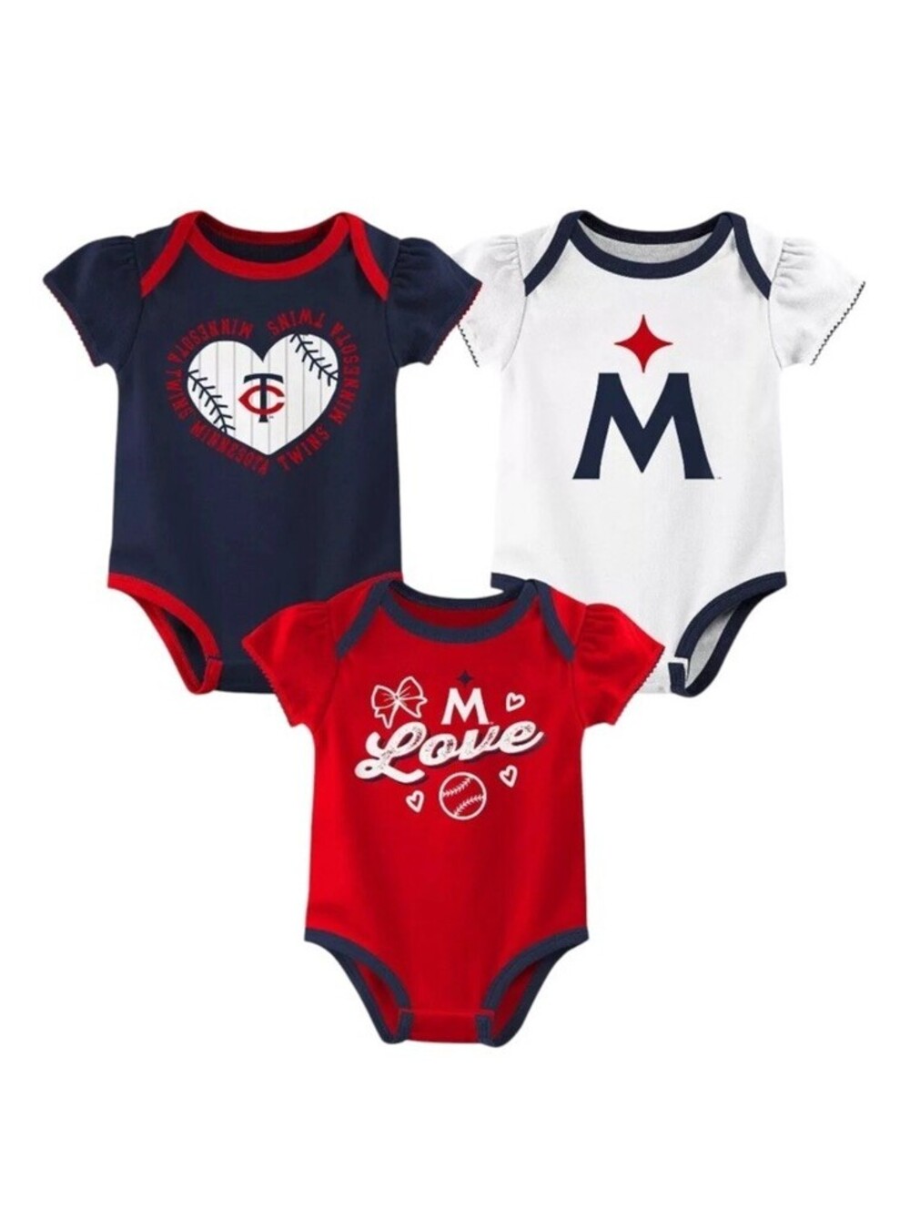 Minnesota Twins Infant 3pk Bodysuits in White/Navy/Red, 18 Month
